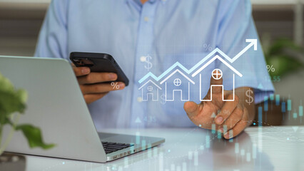 Aufkleber - Modern Real Estate, Professional Analyzing Property Market Trends and Investment Percentages Using Digital Technology and Data in an Office Environment