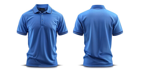 Wall Mural - A blue polo shirt is displayed from both front and back views. The shirt features a classic collar, short sleeves, and a button placket, made from a textured fabric.