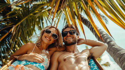 Young couple in love, enjoying the summer time by the sea. Summer vacation, honey moon, travel, tropical hotel resort. Happy man and woman in sunglasses under the palm on the beach, close up