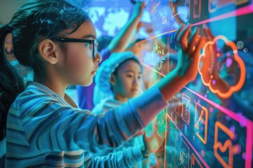 Wall Mural - Skilled teacher teaching AI to diverse elementary student at digital classroom. Smart multicultural children learning and studying about technology innovation with hologram at computer lesson. AIG42.