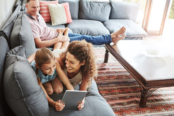 Poster - Mother, father and child on tablet as family on weekend, break at home for online gaming or movies. Excited, people and lounge for relax, together and bonding as parents, development and love