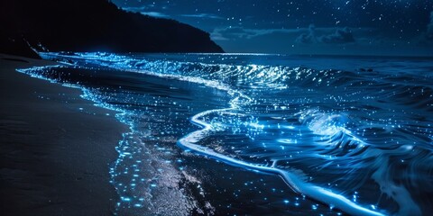Wall Mural - the dark night sky above is reflected in the ocean illuminated by the bioluminescent waves that cras
