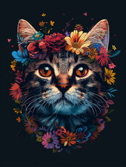  Illustration of a cat's head adorned with vibrant floral designs