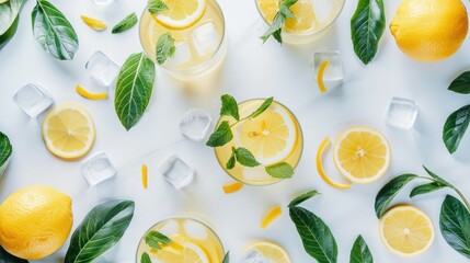 Top view of Summer cocktails with lemon vodka, slices of lemon and wild mint leaves served with ice placed on white table AI generated