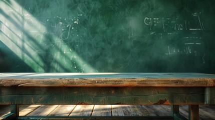 Wall Mural - school desk with green chalkboard background