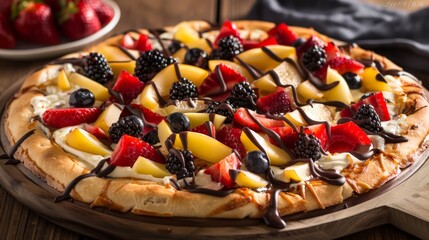 Wall Mural - A dessert pizza, with a sweet crust and toppings like chocolate and fruit, is a fun twist on a classic dish.