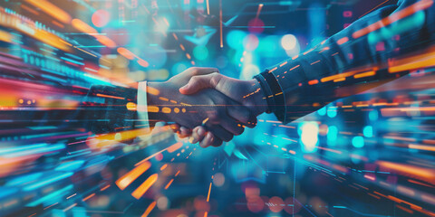 Two businesspeople shake hands in a dynamic digital environment with bright neon lights and abstract data overlays. The image symbolizes a modern, high-tech partnership and networking