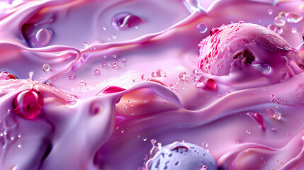 Vibrant macro shot of ice cream submerged in a colorful liquid with dynamic textures and droplets