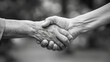 © ArtistiKa - Two senior hands clasped in a handshake in grayscale, conveying mutual respect and support