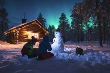 Wall Mural - Christmas in Lapland, Finland: Photograph a family building a snowman together in the pristine winter wonderland of Lapland, with the Northern Lights shimmering overhead and a cozy log cabin adorned 