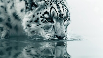 Poster - underwater photograph of a ferocious Snow Leopard backlighting watching a precise reflection on ice