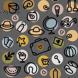 Fototapeta Tulipany - Messy black hand drawn travel vector seamless pattern with linear doodle elements on pastel colorful dots on dark gray background 