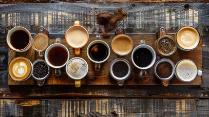 Poster - Create an image of a beautifully arranged coffee tasting flight, featuring different types of coffee drinks like espresso, cappuccino, and cold brew.