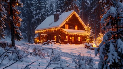 Canvas Print - Create an image of a cozy cabin in the woods, decorated with Christmas lights and surrounded by snow-covered trees.