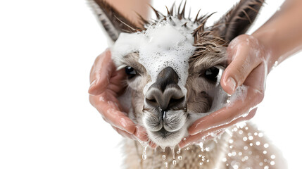 Wall Mural - Closeup of hands washing a lama with shampoo. bubbles and water droplets on its face. white background. in a bathroom setting 