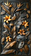 Wall Mural - flora background engrave on a woodden board. Flower wallpaper. AI generated illustration