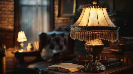 Wall Mural - Create an image of a vintage table lamp with an ornate base and a fringed lampshade, casting a warm glow in a cozy study.