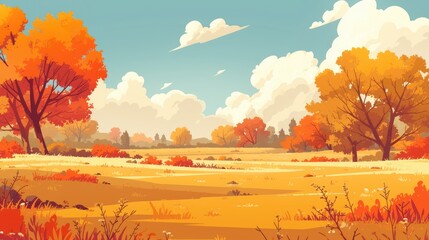 Wall Mural - illustration depicting a cartoon style autumn landscape background with trees rendered in cartoon