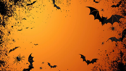  spiders and bats on an orange background, festive Halloween background with a place for text