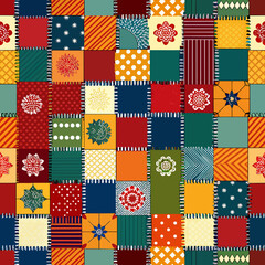 A vibrant patchwork of various patterns fills the frame, creating a quilt-like design.
