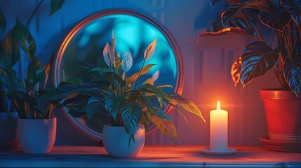 Wall Mural - Nightstand scene with a retro frame and a flourishing peace lily in a radiant chamber