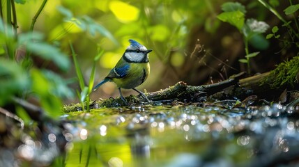 Poster - Vibrant blue tit bird standing in water amidst nature's beauty