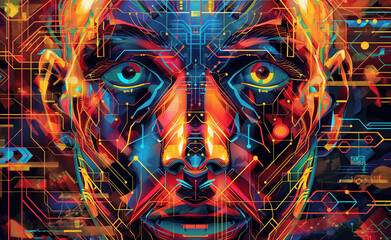 A vibrant and abstract digital artwork of a human face with neon circuit patterns.