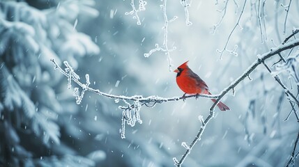 Sticker - Vibrant red cardinal perching on frosty branch in serene snow-covered forest