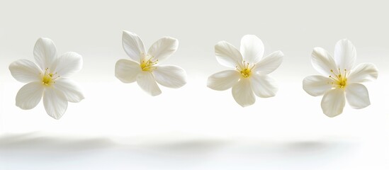 Wall Mural - Floating beautiful white Jasmine flower isolated on white background, depicting levitation or zero gravity concept. High-quality image capture.