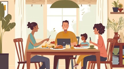 Poster - Illustrate a laptop on a dining table with a family having a virtual gathering, emphasizing the role of technology in staying connected.