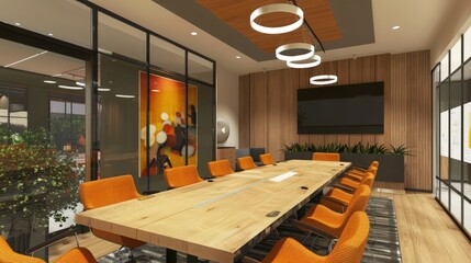 Wall Mural - Illustrate a modern conference room with a long table, comfortable chairs, and video conferencing equipment for seamless meetings.