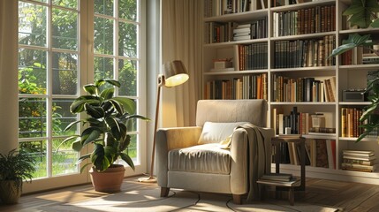 Poster - Illustrate a reading nook with a comfortable chair and a bright, focused reading lamp, creating a perfect space for relaxation.