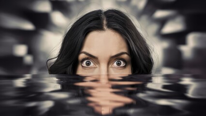 Wall Mural - A woman with dark hair peeking out of water in a pattern, AI