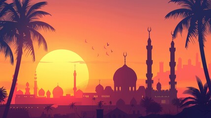 Poster - Illustrate a scene of a calm morning after Suhoor, with the sun rising over a peaceful neighborhood, symbolizing the start of a new day of fasting.