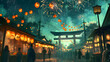 © Janina - This illustration features an atmospheric Japanese festival scene with fireworks lighting up the teal night sky