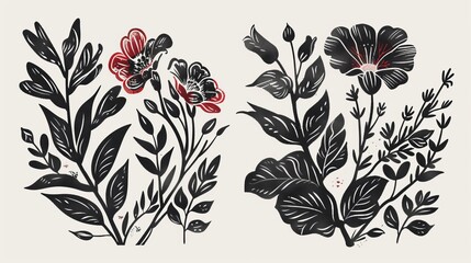 Wall Mural - abstract flowers and leaves set . botanical linocut plant and organic elements. Ai generative