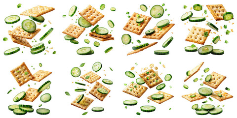 Poster - Set of Crackers With Floating Sliced Cucumbers isolated on transparent png background. Generative ai