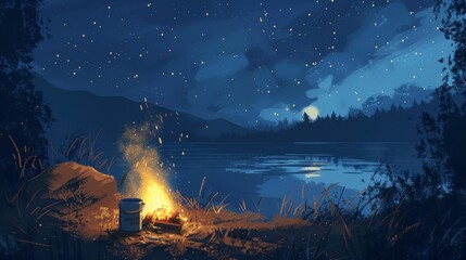 Wall Mural - Illustrate a serene outdoor setting with a campfire and a person brewing coffee over the flames, enjoying the simplicity of nature.