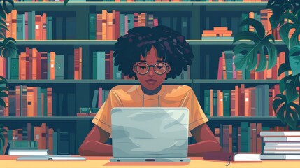 Canvas Print - Illustrate a student using a laptop in a library, surrounded by books and notes, showcasing the importance of technology in education.