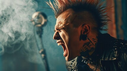 angry punk rocker with mohawk hairstyle screaming in rage grungy urban fashion