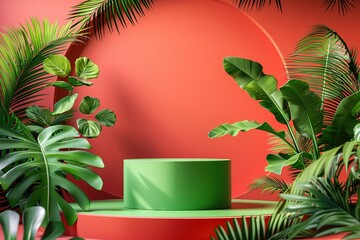 Sticker - Vivid minimalist design with bright green podium and lush green plants on a red background