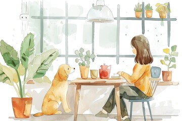 Poster - watercolor, flat illustration, puppy playing together at cozy cafe with stylish korean girl