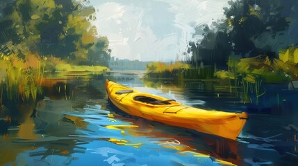 Wall Mural - bright yellow kayak floating on calm river outdoor adventure and water sports concept digital paintings