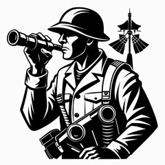 Sticker - Soldier with binoculars vector silhouette illustration 
