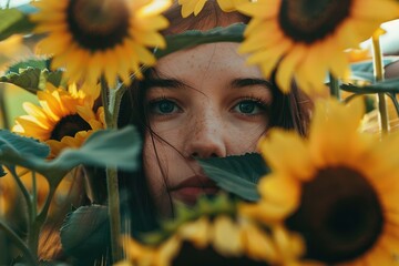 Poster - Woman hiding behind sunflowers. Invisible disabilities or hidden disabilities concept