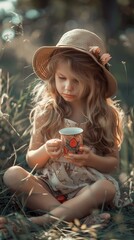 Wall Mural - A little girl sitting in the grass holding a cup