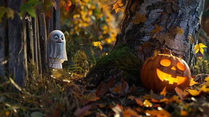 Wall Mural - Glowing Jack-o-lantern in Autumn Forest with Hidden Ghost Peeking from Tree. Concept of Halloween, spooky, autumn park, night scare