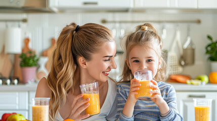 Happy young beautiful mother and her little daughter enjoying healthy orange smoothie drink or juice, drinking and enjoy fresh cocktail in the kitchen. diet, detox and Healthy food concept.