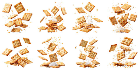 Poster - Set of Sea Salt Crackers With Floating Ingredients isolated on transparent png background. Generative ai