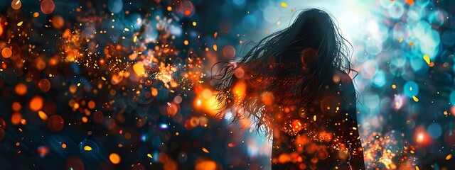 Wall Mural - Silhouette of woman with long hair and abstract bokeh lights in background. Concept of mystery, female energy, beauty, light effects. Copy space